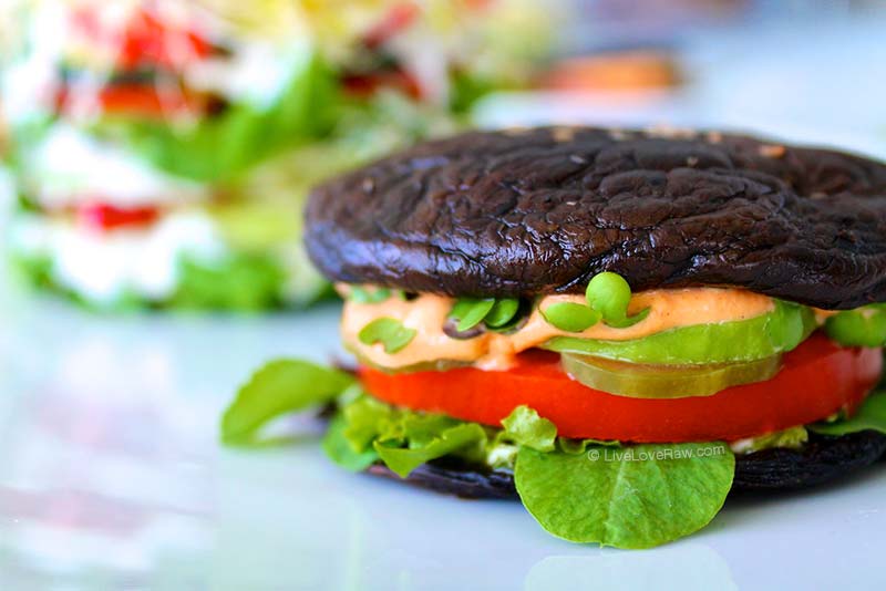 Dehydrated raw vegan portobello mushroom burgers and big mac salad by Live Love Raw