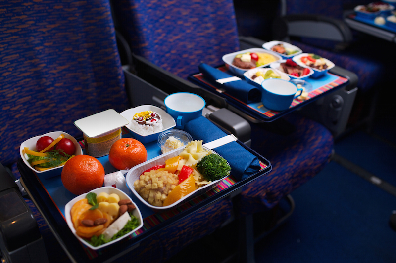 Tray of food on the plane, business class travel