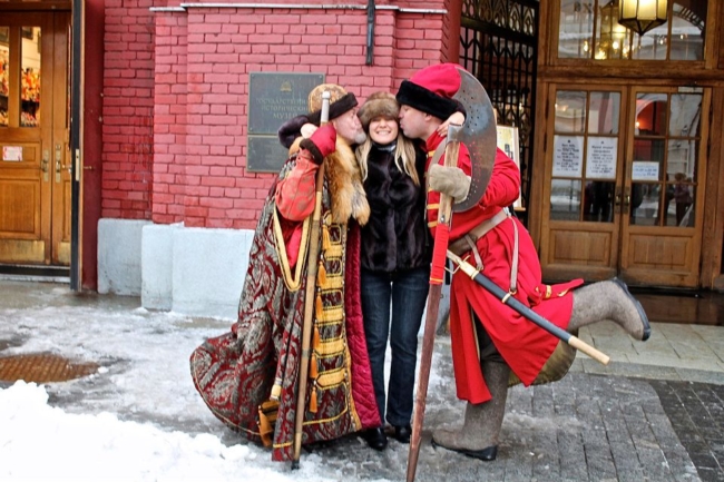 Anya Andreeva with Ivan the Terrible on the Red Square, Moscow, Russia