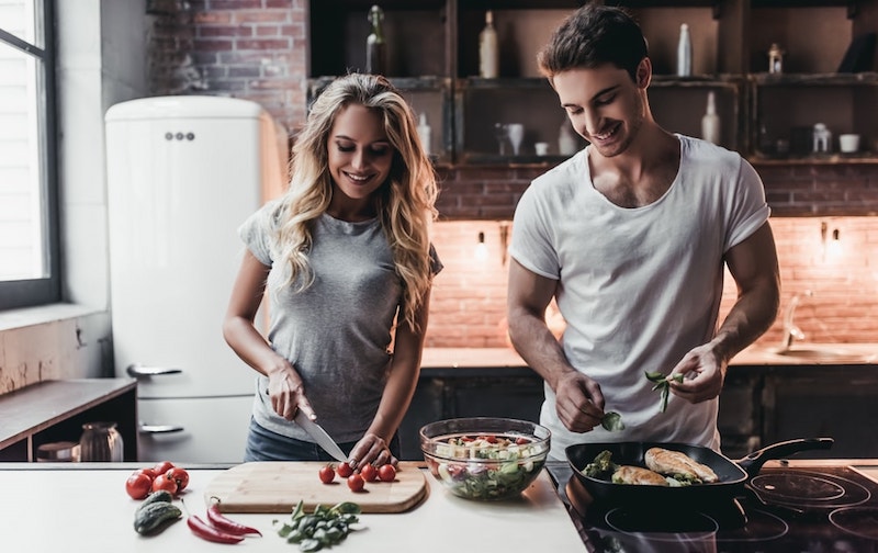 couple in love, cooking dinner together